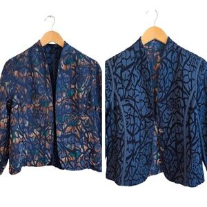 Vintage Reversible Jacquard Floral Jacket Womens Blue Navy Multicolor Medium